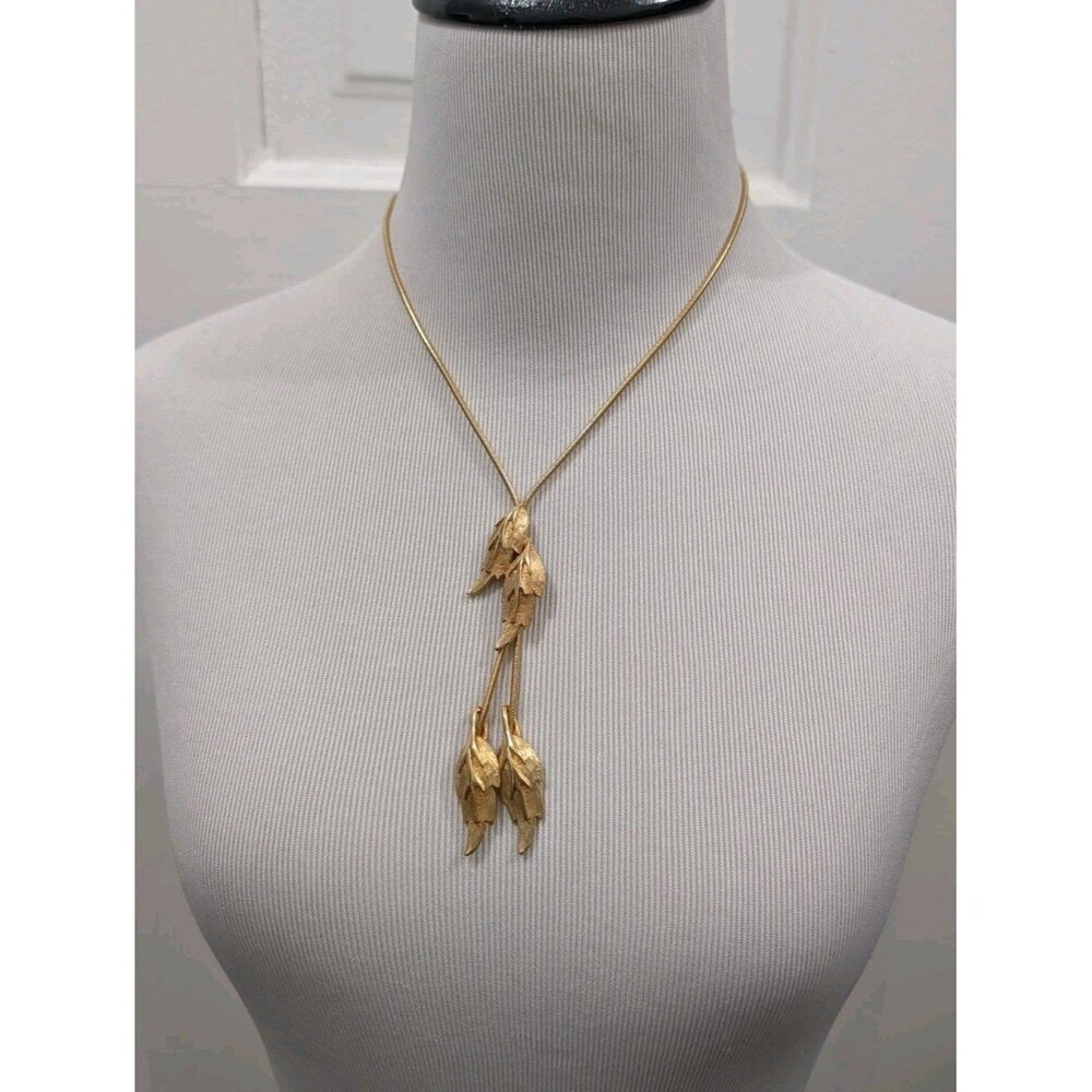 Vintage Gold Leaf Lariat Necklace Textured Cascade Drop Snake Chain 24"